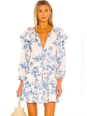 Free People White Mini Dress with Blue Floral Print